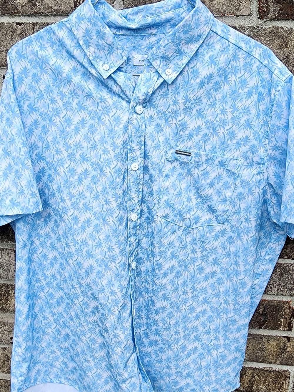 Vintage Summer Men’s Blue Palm-Print Button Down Shirt
